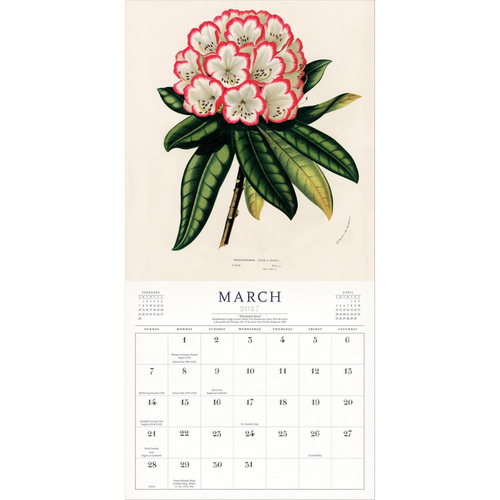 Vintage-style March wall calendar page featuring a large botanical illustration of pink and white flowers with green leaves above a printed monthly calendar grid on an off-white background.