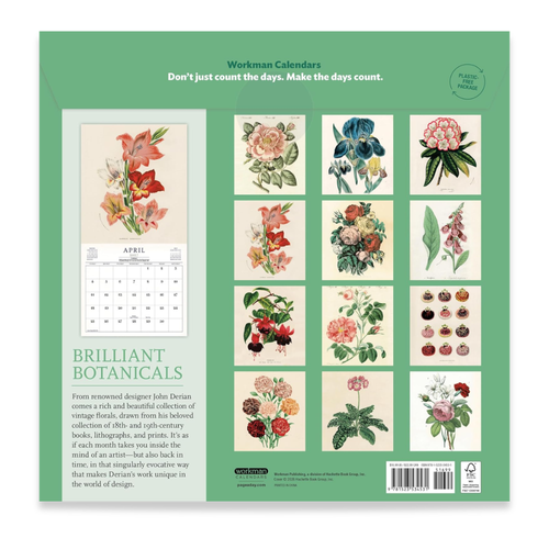 The back cover of the 'Brilliant Botanicalicals' workman calendar by John Derian, featuring a sage green background, vintage botanical illustrations, a calendar preview, and a barcode.