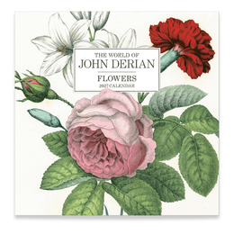 Square 2027 calendar cover titled 'The World of John Derian Flowers' featuring vintage botanical illustrations of a pink rose, red flower, white lilies, and green leaves on an off-white background.