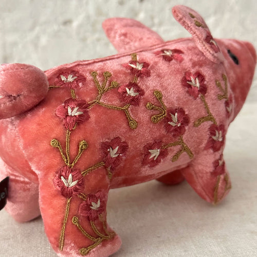 Misha Silk Velvet Embroidered Piglet in Sorbet Pink
