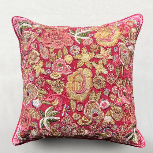 Fleur Embroidered Silk Velvet Cushion in Light Rouge