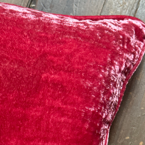 Fleur Embroidered Silk Velvet Cushion in Light Rouge