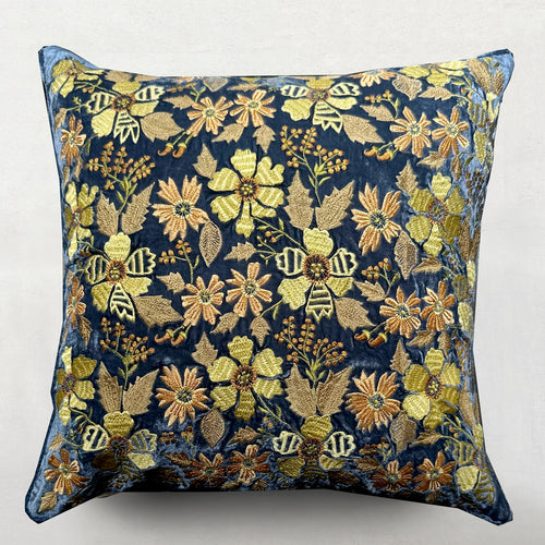Alba Embroidered Silk Velvet Cushion in Indigo