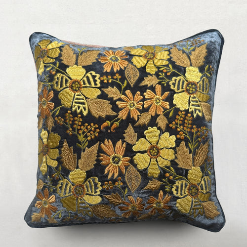 Alba Embroidered Silk Velvet Cushion in Indigo