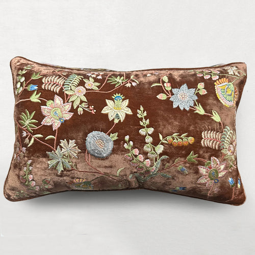 Madame Bovary Embroidered Silk Velvet Cushion in Cognac