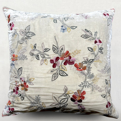 New Flower Embroidered Silk Velvet Cushion in Ivory