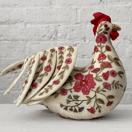 Megan Embroidered Silk Velvet Big Rooster in Ivory