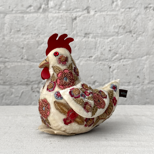 Fleur Embroidered Silk Velvet Small Chicken in Ivory