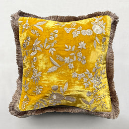 Liza Silk Velvet Embroidered Cushion in Citrine with Silver Fringe