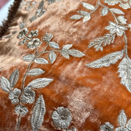 Liza Silk Velvet Embroidered Cushion in Tangerine with Silver Fringe