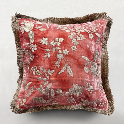 Liza Silk Velvet Embroidered Cushion in Shaded Rose with Silver Fringe