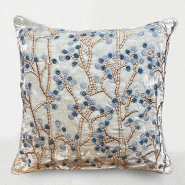 Berries Embroidered Silk Velvet Cushion in S Blue