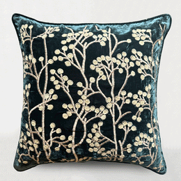 Berries Embroidered Silk Velvet Cushion in Teal