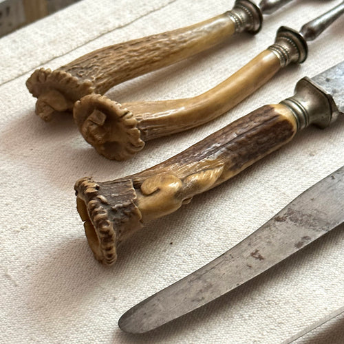 Antique 7-Piece Set of Gnome Carved Horn Flatware