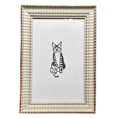 "Tabby Cat" in an 19th Century Antique White Frame