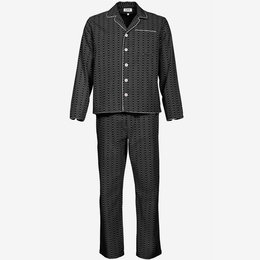 P. Le Moult Light Herringbone Dot Striped Pajama Set in Black & White with White Piping
