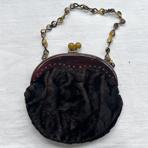 19th Century French Velvet Handbag with Tortoise Chain