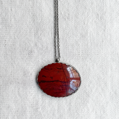 Vintage Agate and Sterling Silver Oval Pendant Necklace