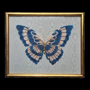 Hand Embroidered "A Blue Butterfly" by Zara Merrick in a Vintage Frame