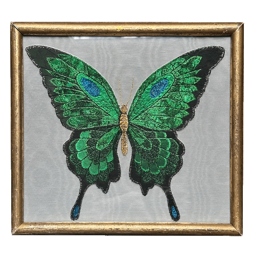 Hand Embroidered "A Green Butterfly" by Zara Merrick in a Vintage Frame