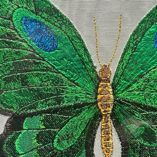 Hand Embroidered "A Green Butterfly" by Zara Merrick in a Vintage Frame