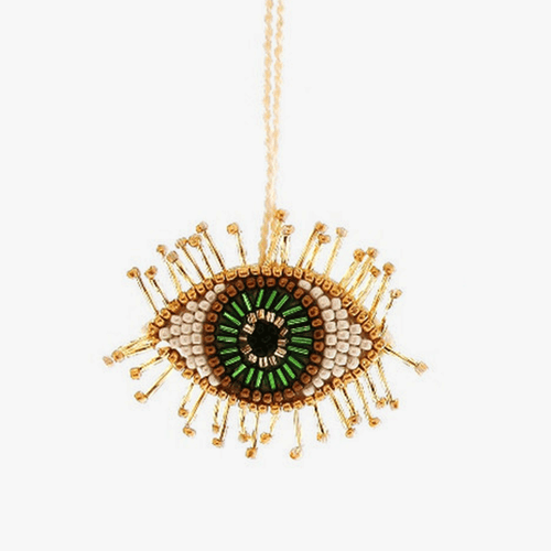 El Ojo Small Green and Gold Beaded Eye Ornament