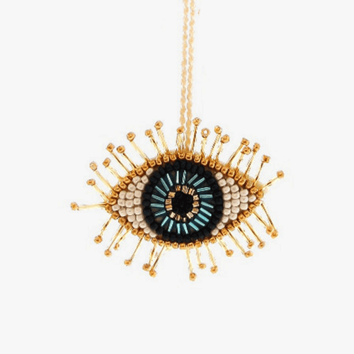 El Ojo Small Blue and Gold Beaded Eye Ornament
