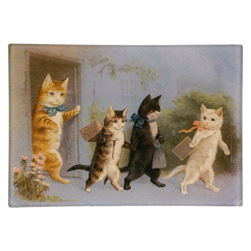 Illustration of four cats in formal attire walking out the door to go to school on a three and a half inch by six and a half inch glass tray. 