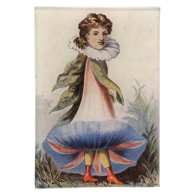 Vintage-style illustration of a child in a large blue dress in the shape if a tulip on a three and a half inch by six and a half inch glass tray. 