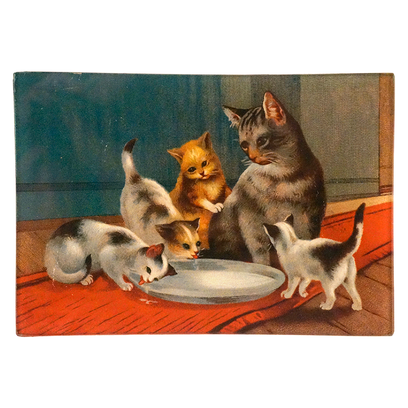 Vintage-style illustration of cats around a water dish on a wooden floor on a three and a half inch by six and a half inch glass tray. 