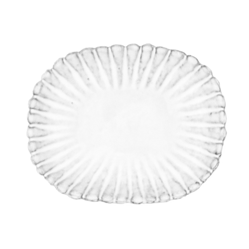 A clear glass oval platter with a fluted, sunburst scalloped rim, shown from a top-down perspective on a white background.
