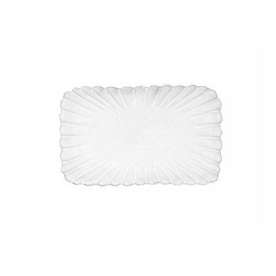 A white rectangular serving platter with a scalloped, fan-like rim, shown on a plain white background.