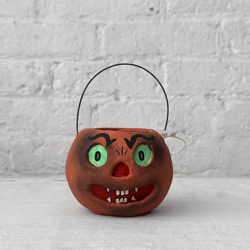 Small Halloween Lantern Candy Bucket in Orange with Green Eyes