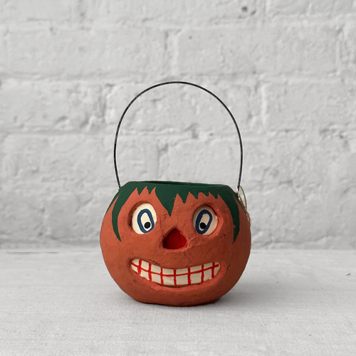 Small Halloween Lantern Candy Bucket in Orange with Green Hair