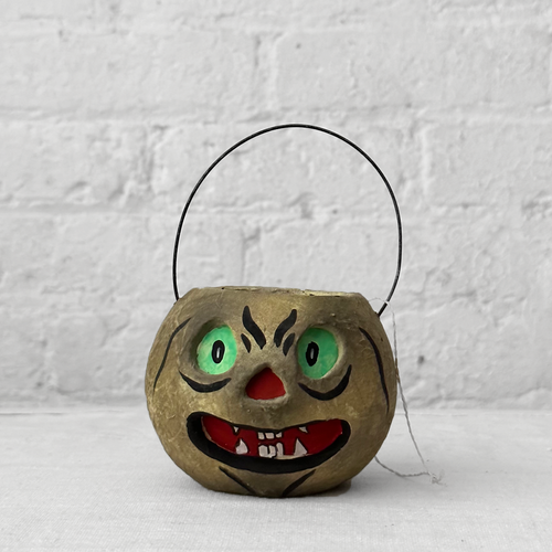 Small Halloween Lantern Candy Bucket in Grey with Green Eyes
