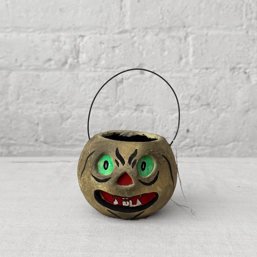 Small Halloween Lantern Candy Bucket in Grey with Green Eyes
