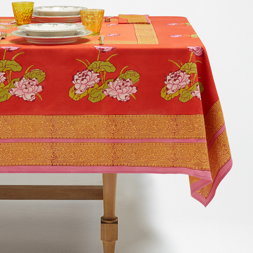 Lisa Cotton Corti Panel in Tea Flower Red Orange 180 x 270cm