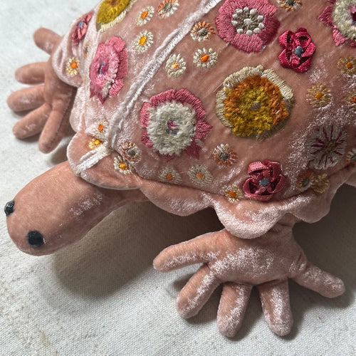 Beauty Silk Velvet Embroidered Small Turtle in Pink Quartz