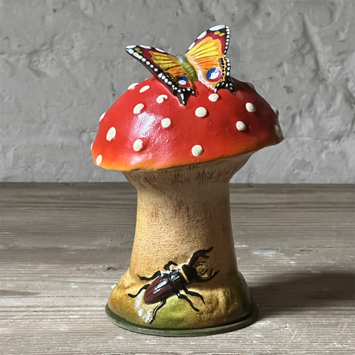 Papier-Mâché Red Mushroom with Butterfly Candy Box