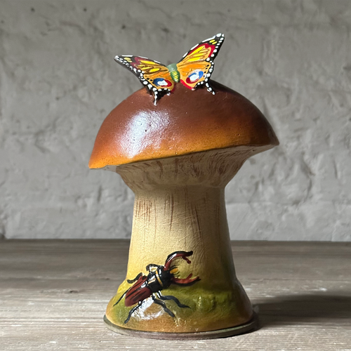 Papier-Mâché Brown Mushroom with Butterfly Candy Box
