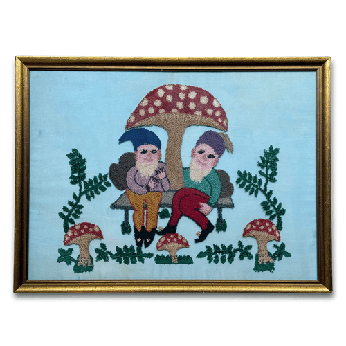 Vintage Framed Gnome and Mushroom Embroidery