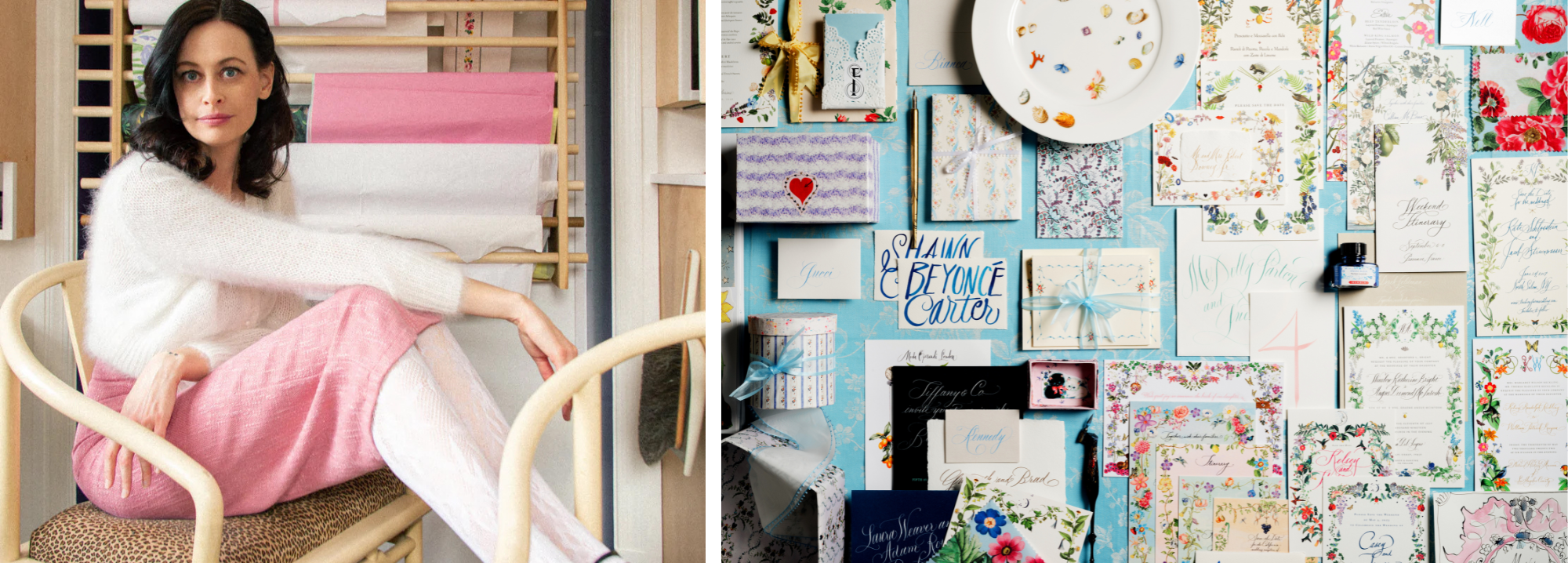 A split-screen collage: the left side shows a woman seated on a chair wearing a white sweater and pink skirt, while the right side shows a decorated wall with cards, stationery, and small decorative items.