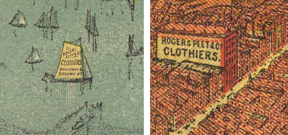 A split image showing two vintage-style illustrations: on the left, a muted green sea scene with sailboats and a yellow sailboat labeled 'The Golden House'; on the right, an orange-brown city street scene with a building sign reading 'ROGERS PETTIE CLOTHIERS'. The rest of the frame is blank white space.