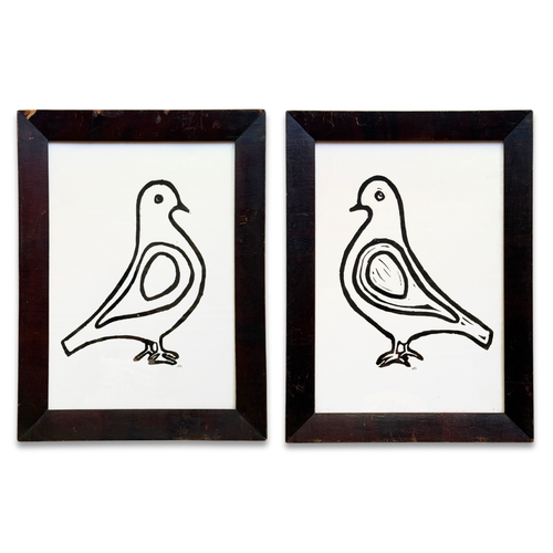 Pair of Hugo Guinness "Right & Left Facing Pigeon" Linocuts in Vintage Frames