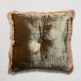 Button Fringe Silk Velvet Cushion in Dusty Olive with Beige Fringe