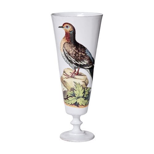 A white goblet-shaped vase with a detailed vintage-style illustration of a brown and blue bird perched on a rock with green leaves, shown against a plain white background.