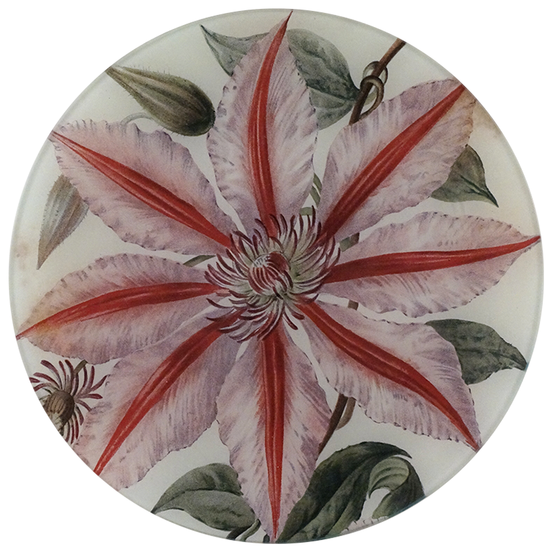 A 10-inch round plate with a floral decoupage design, predominantly featuring pink and red colors with green leaves.