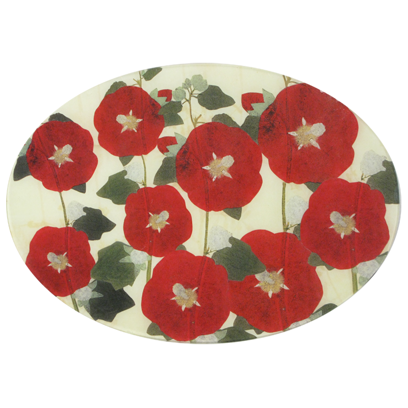 A thirteen inch by eighteen inch horizontal oval glass plate of a collaged hollyhock pattern. 