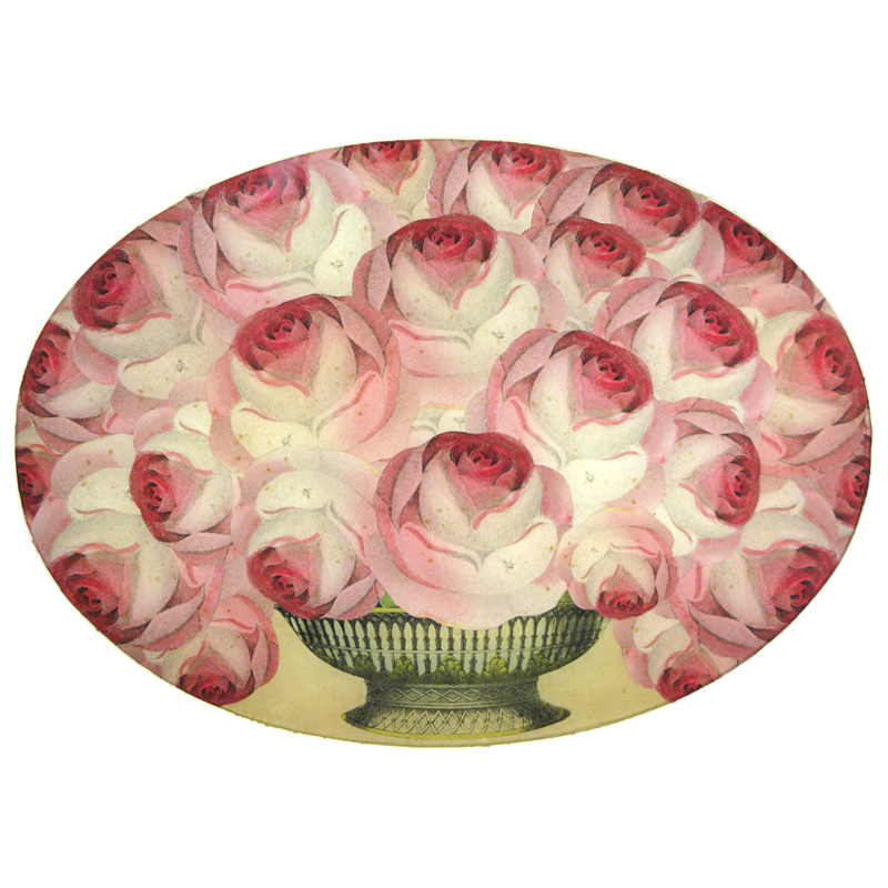 A thirteen inch by eighteen inch horizontal oval glass plate featuring a bundle of pink roses in a vintage style vase. 