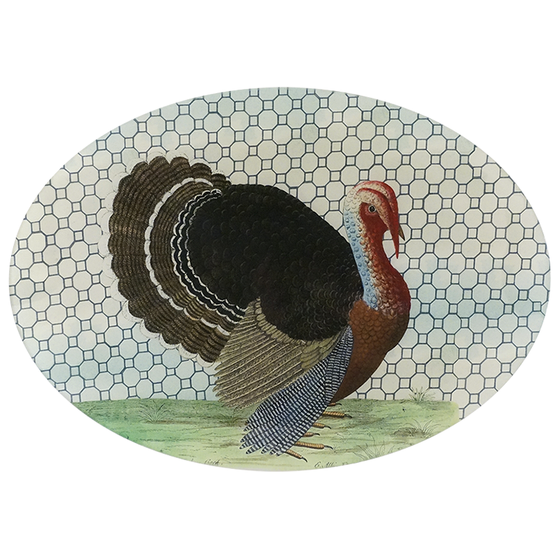 A thirteen inch by eighteen inch horizontal oval glass plate of a turkey in the center, surrounded by a geometric pattern.